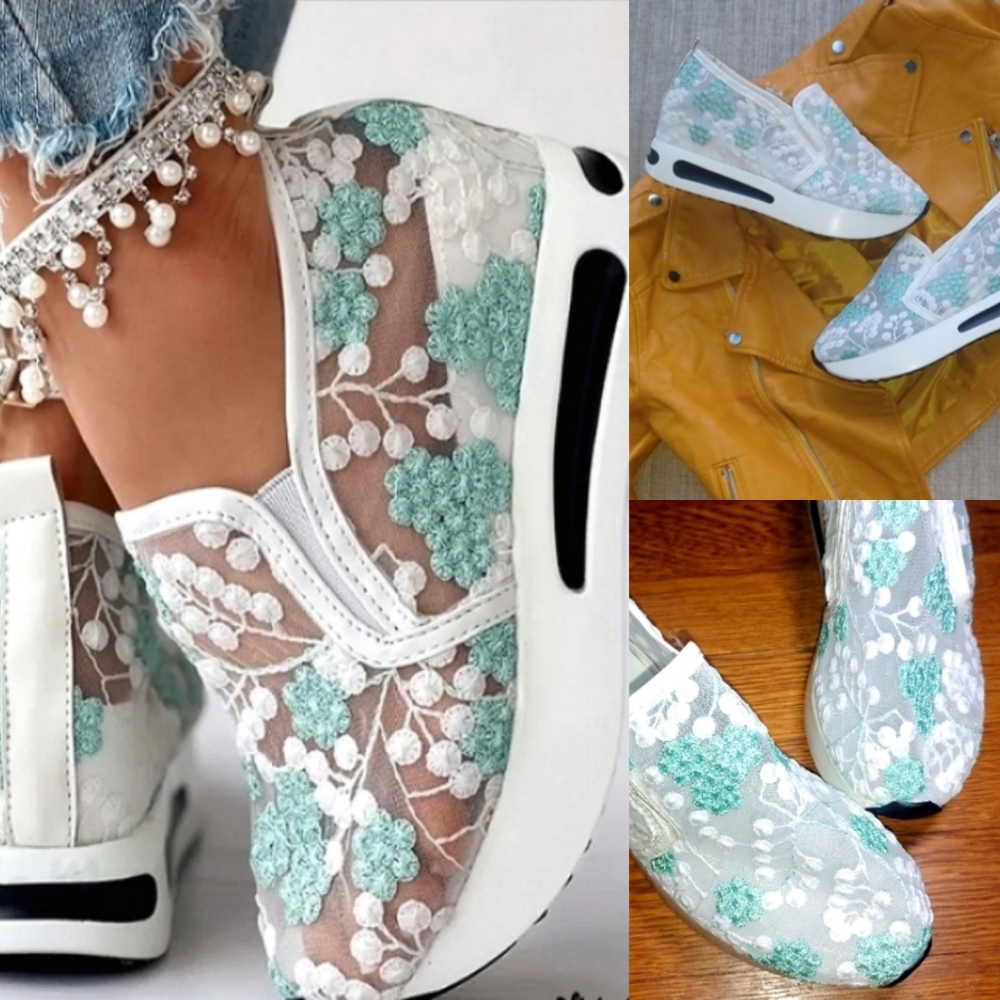 Elegant Mint and White Lace Slip-on Sneakers - Picture 14 of 16